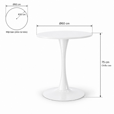 Bàn Tulip 75cm - Trắng; Ø60cm