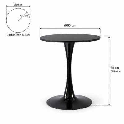 Bàn Tulip 75cm - Đen; Ø60cm