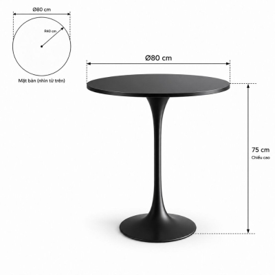 Bàn Tulip 75cm - Đen; Ø80cm