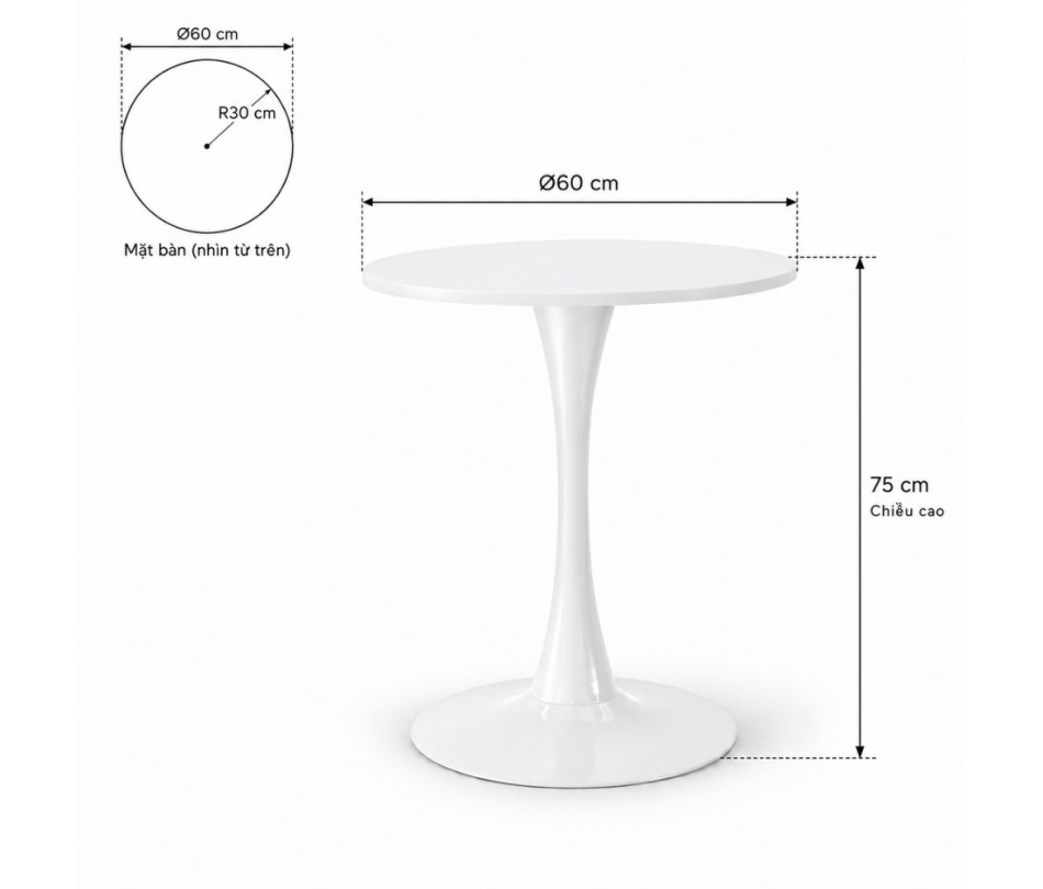 Bàn Tulip 75cm - Trắng; Ø60cm