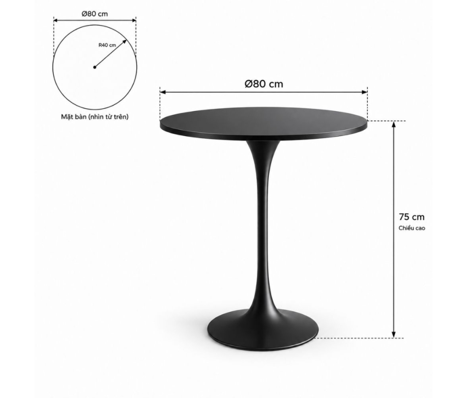 Bàn Tulip 75cm - Đen; Ø80cm