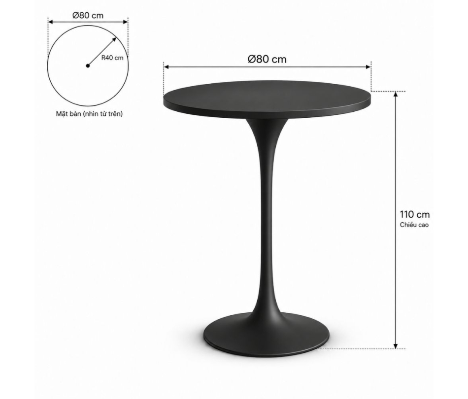 Bàn Bar Tulip 110cm - Đen; Ø80cm