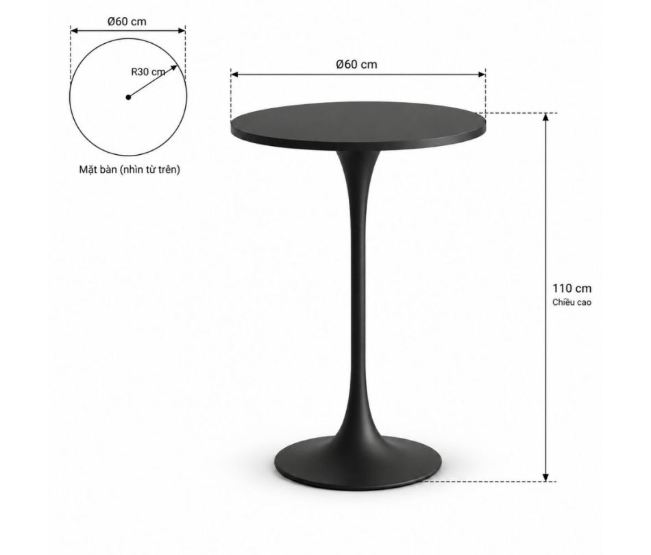 Bàn Bar Tulip 110cm - Đen; Ø60cm