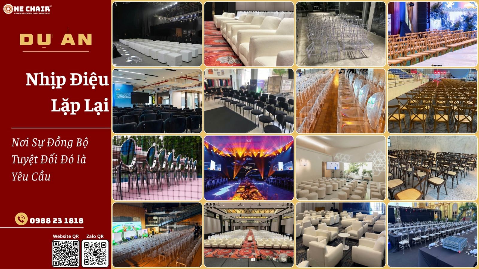 Khán phòng tiệc trang trọng với ghế tiệc lưng cao và bàn tiệc tròn đồng bộ một lô