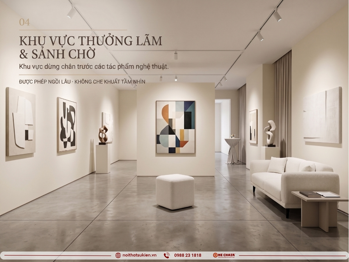 Khu ngắm triển lãm nghệ thuật và sảnh chờ với ottoman, đôn và sofa lounge