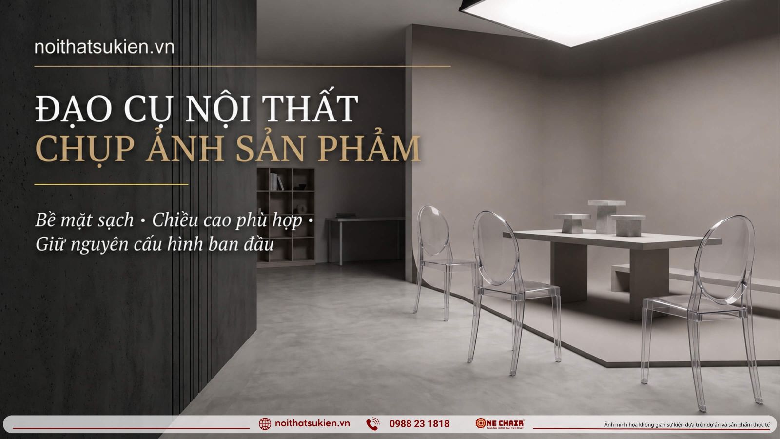Buoi chup san pham catalogue voi ban trung bay buc khoi va ke nhieu tang