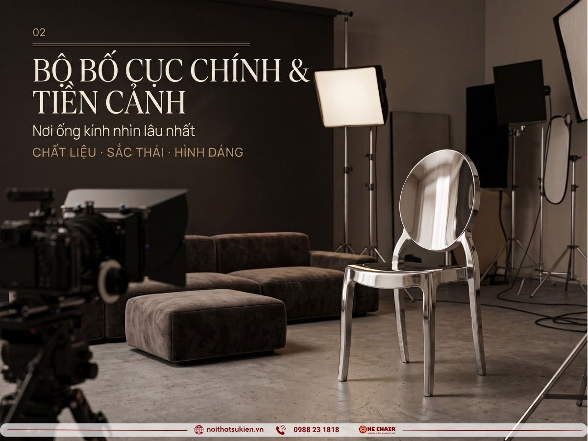 Set chính với ghế danh dự, sofa lounge và đôn đặt dưới ánh sáng chính của buổi quay