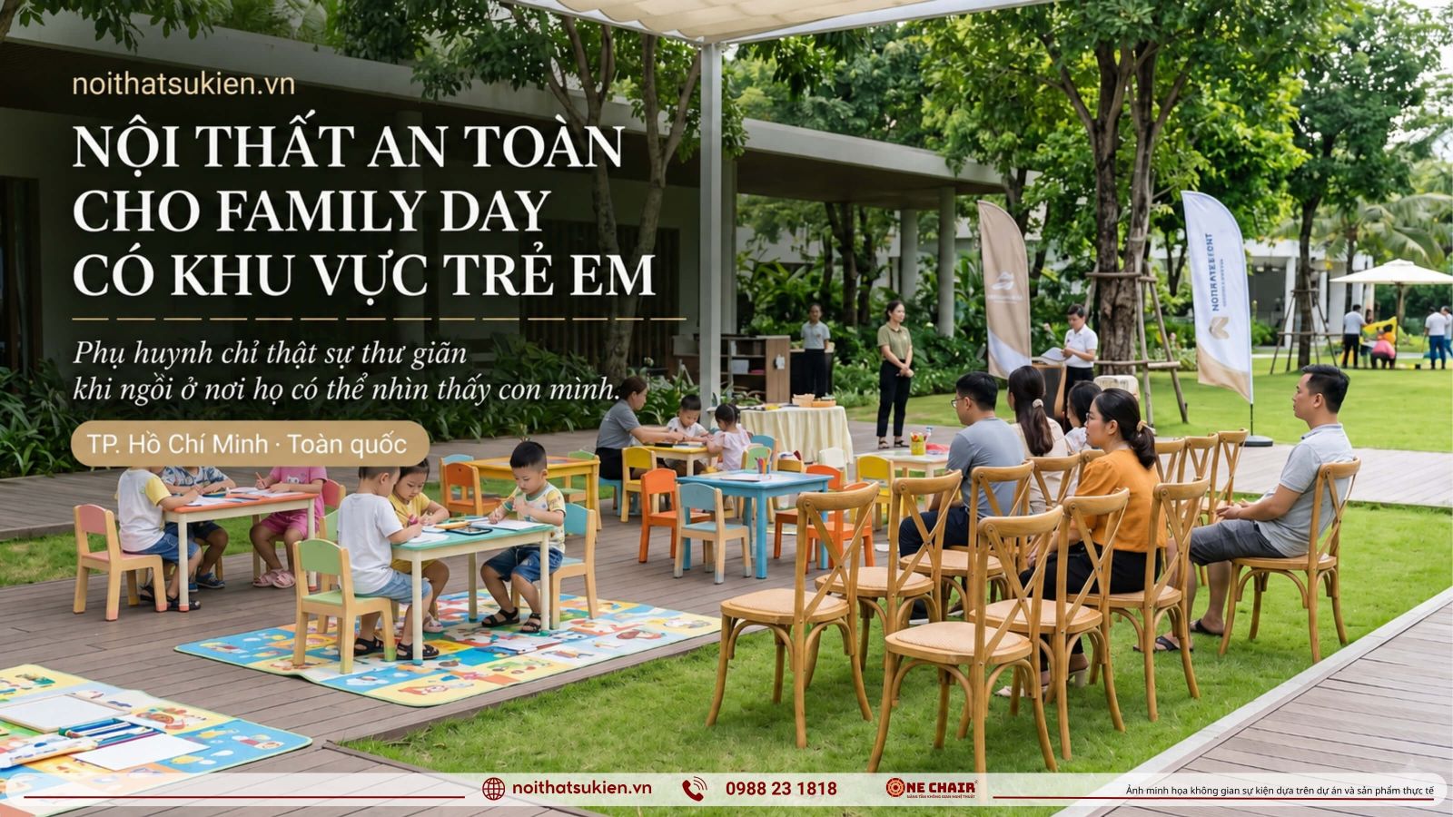 Family day co khu tre em voi ban ghe vua tam va cho ngoi cha me nhin thang vao khu choi