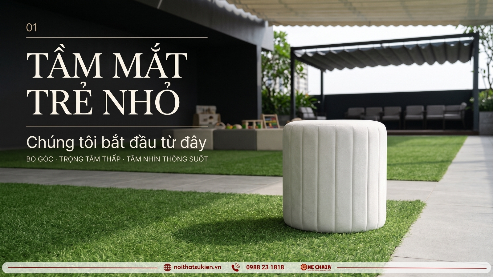 Sân ngày hội gia đình nhìn từ tầm mắt trẻ nhỏ với ottoman và đôn thấp an toàn