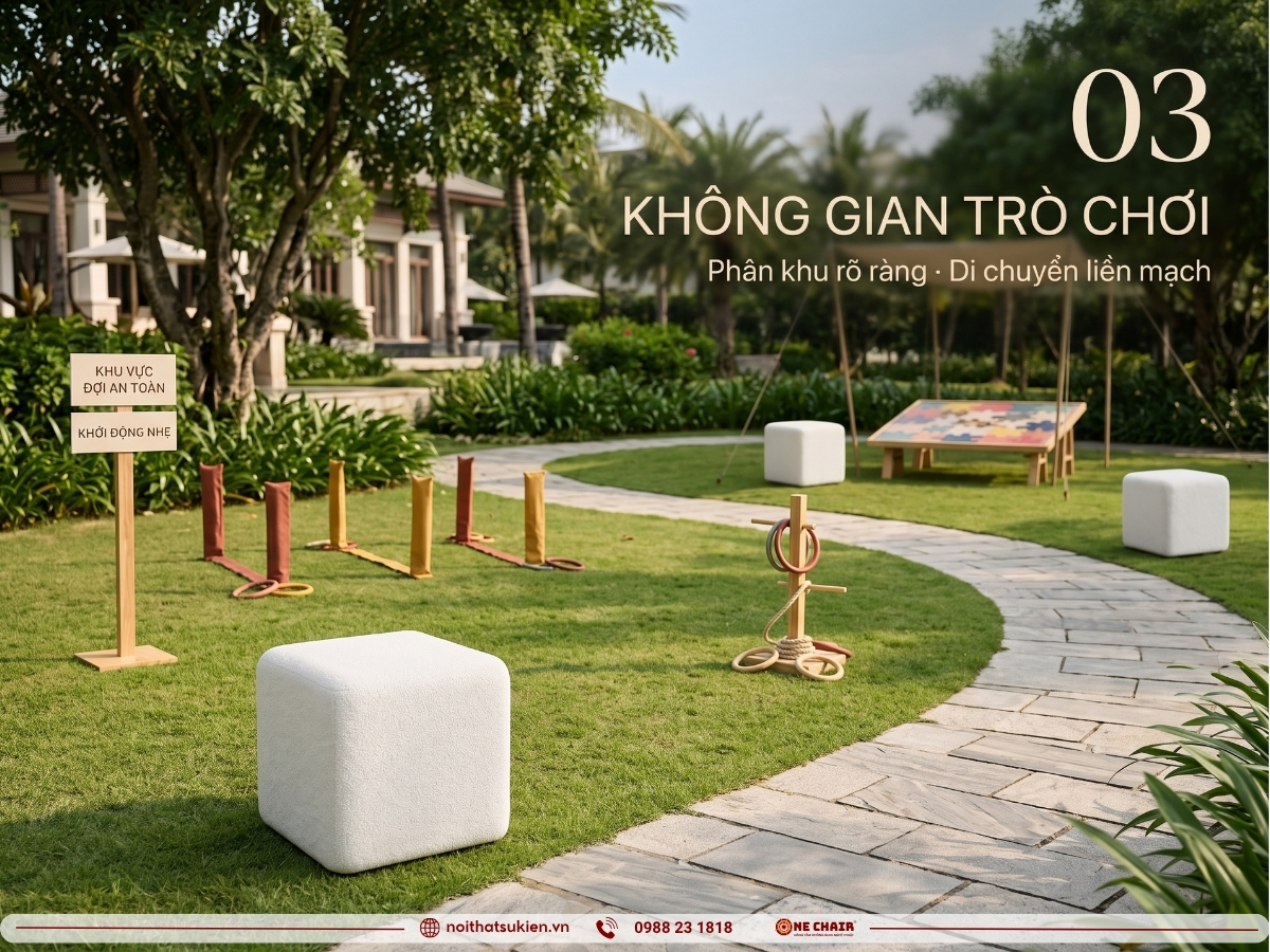 Các trạm trò chơi ngày hội gia đình với bàn module, đôn và ottoman thấp cho trẻ nhỏ