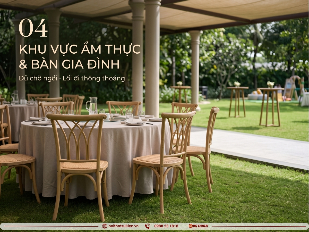 Khu ẩm thực và bàn gia đình ngày hội với bàn tiệc tròn, ghế tiệc cao cấp và ghế bar