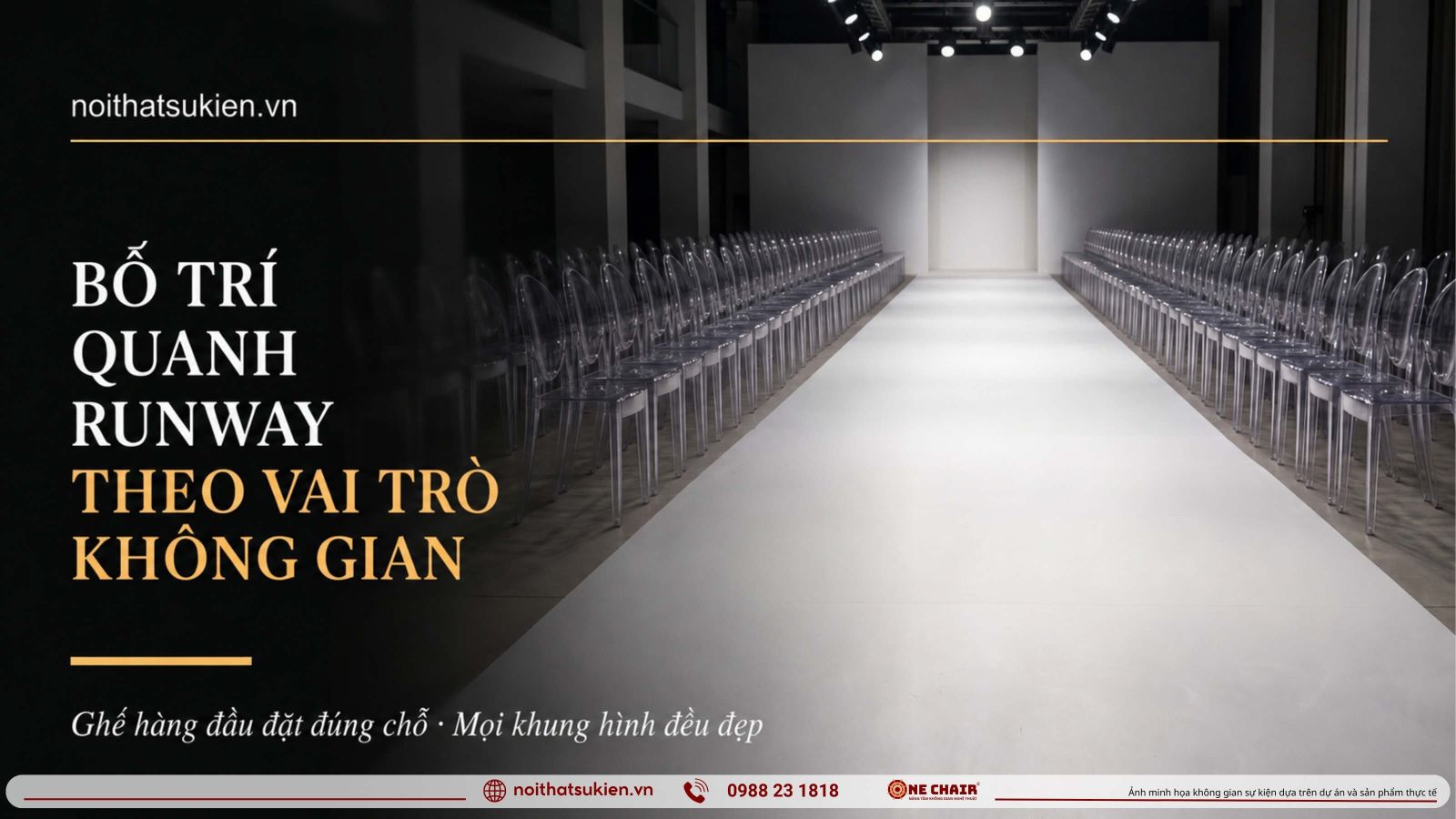 Khong gian fashion show hai day ghe khach moi hai ben san dien va backdrop finale