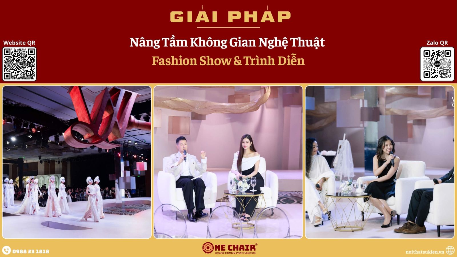 Hai dải ghế fashion show đối diện nhau qua sàn diễn runway nhìn từ đầu sàn