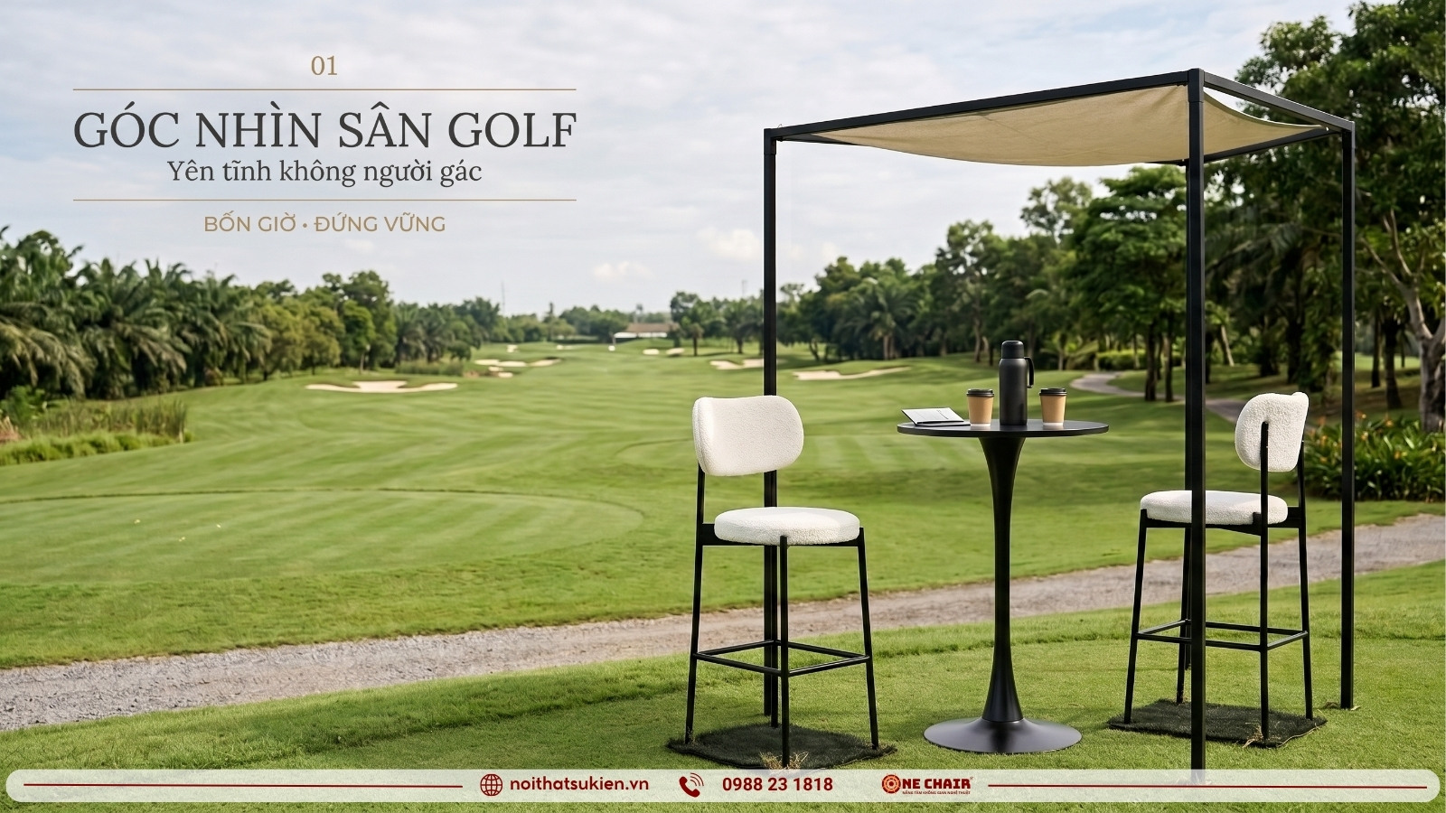 Trạm phục vụ trên sân golf nhìn ra fairway trải dài, không có ai đứng trực
