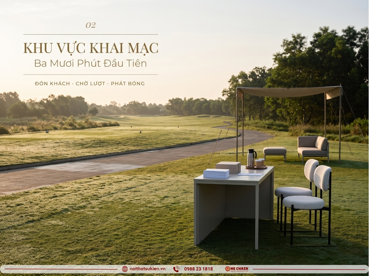 Khu khai mạc và tee-off giải golf với bàn module, ghế danh dự và khu chờ có mái che