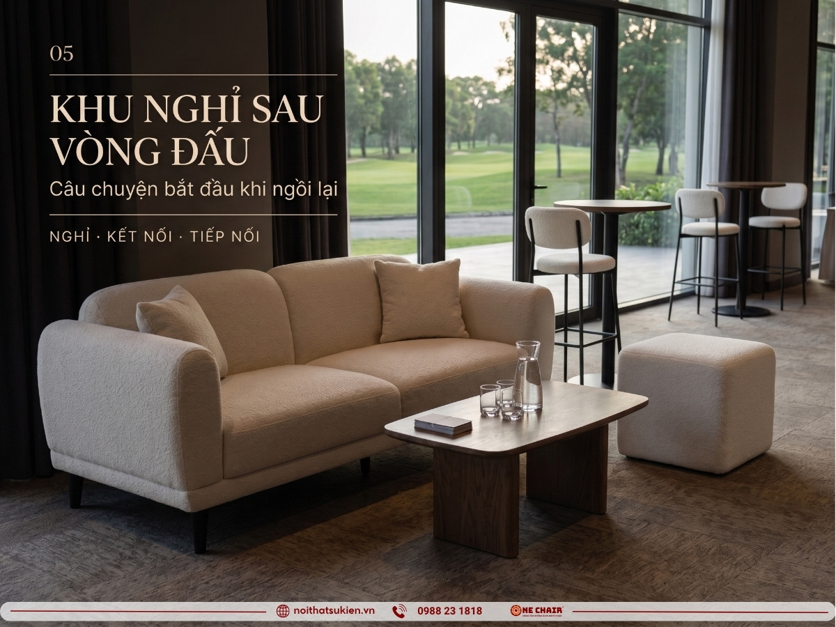 Clubhouse lounge và khu nghỉ sau vòng đấu với sofa module, sofa lounge và ottoman