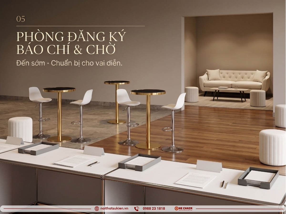 Khu đăng ký báo chí và phòng chờ người phát ngôn với bàn module, ottoman và sofa lounge