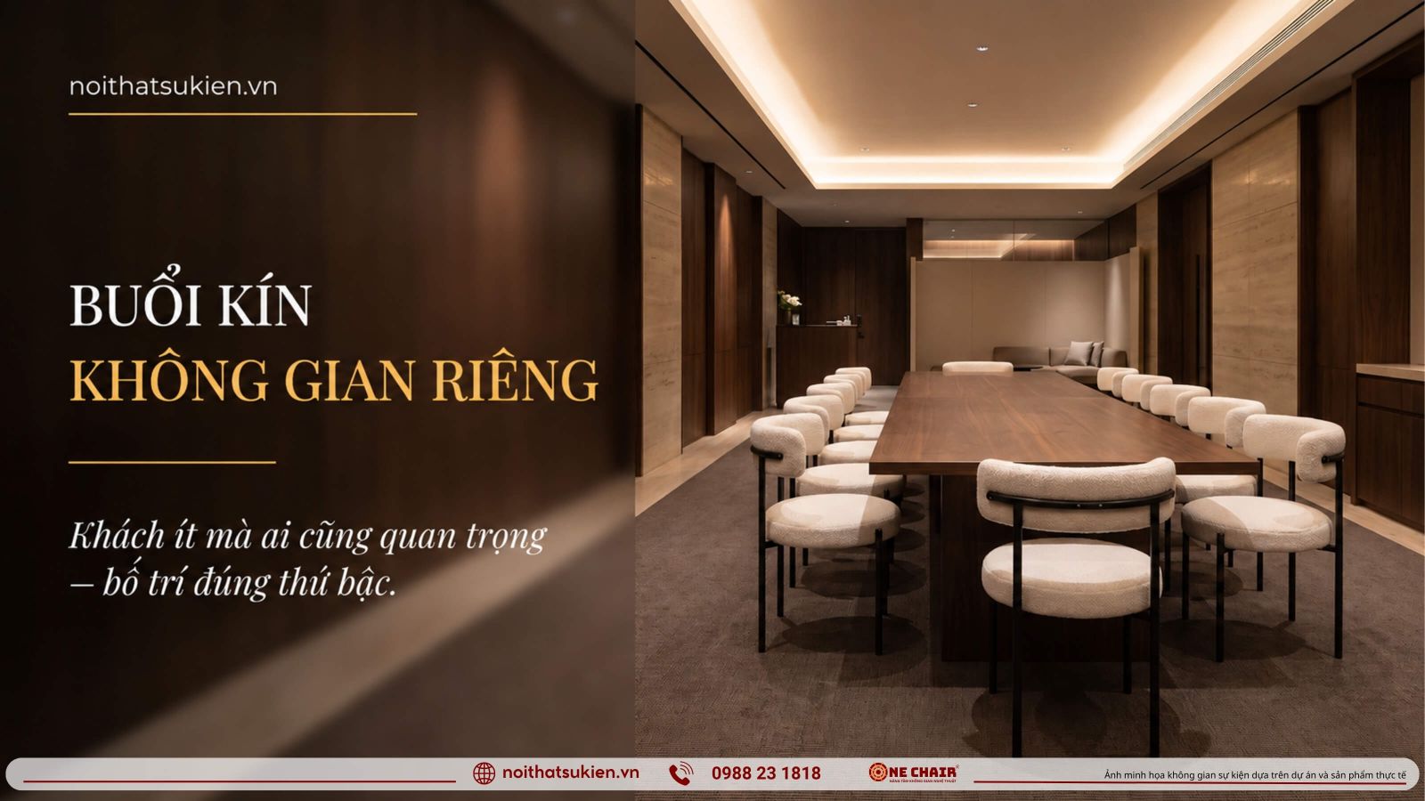 Khong gian private corporate event ban chinh ghe khach moi va khu lounge rieng tu
