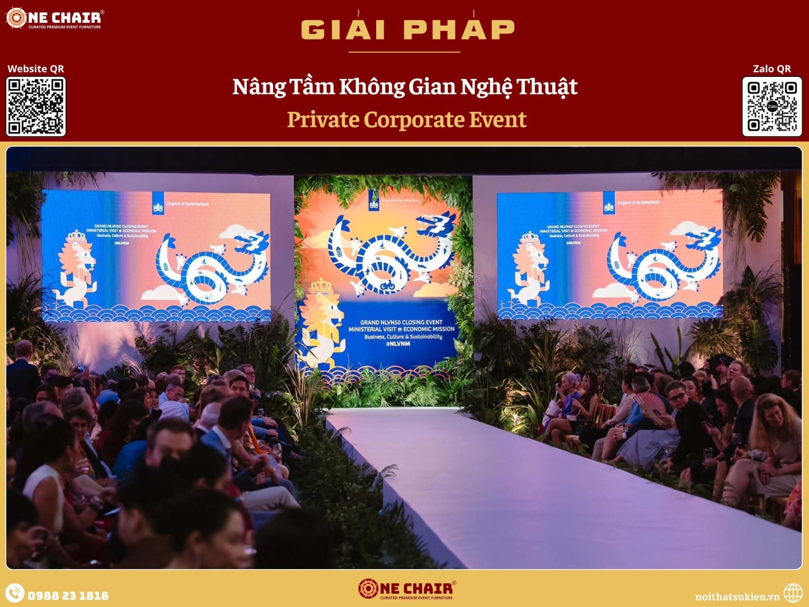 Bàn tiệc riêng doanh nghiệp với ghế tiệc cao cấp và ghế danh dự trong không gian kín