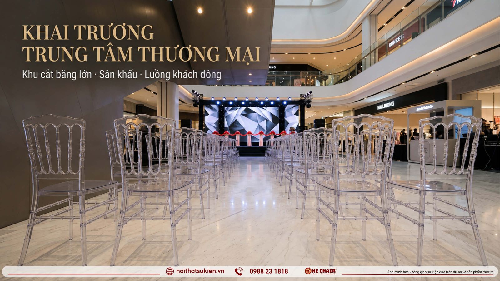 Khong gian khai truong trung tam thuong mai khu cat bang lon san khau va hang ghe khach moi