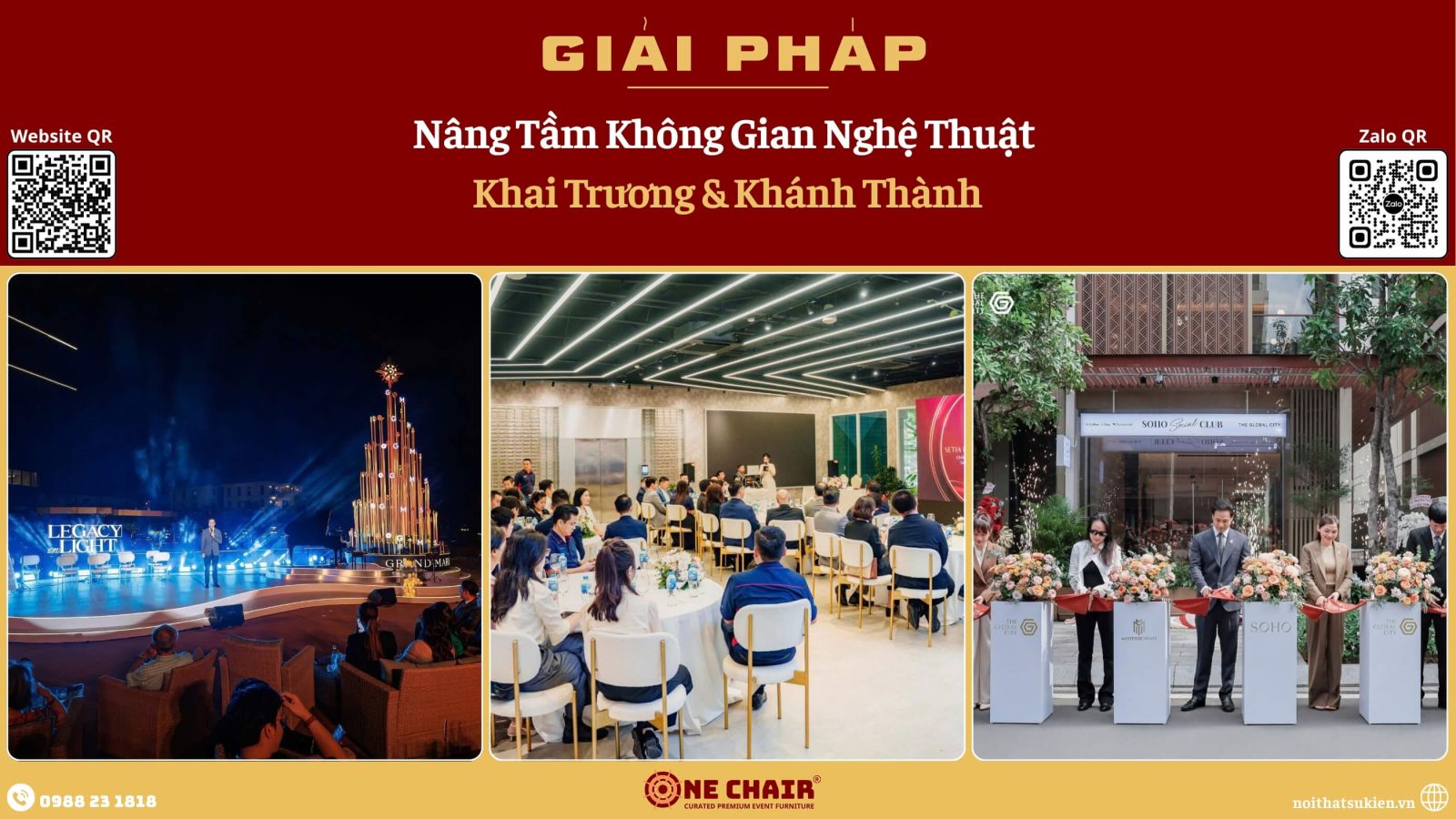 Khu nghi thức khai trương dựng xong với ghế danh dự và ghế tiệc cao cấp đứng đúng chỗ chờ giờ làm lễ