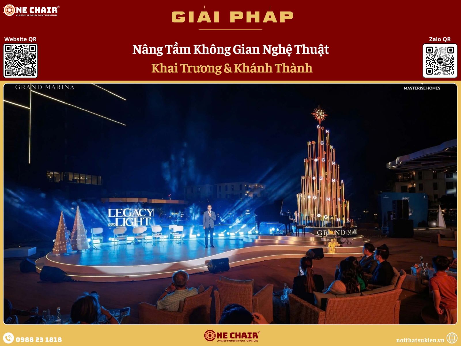 Khu ghế khách mời và báo chí lễ khai trương với ghế tiệc cao cấp cùng lô