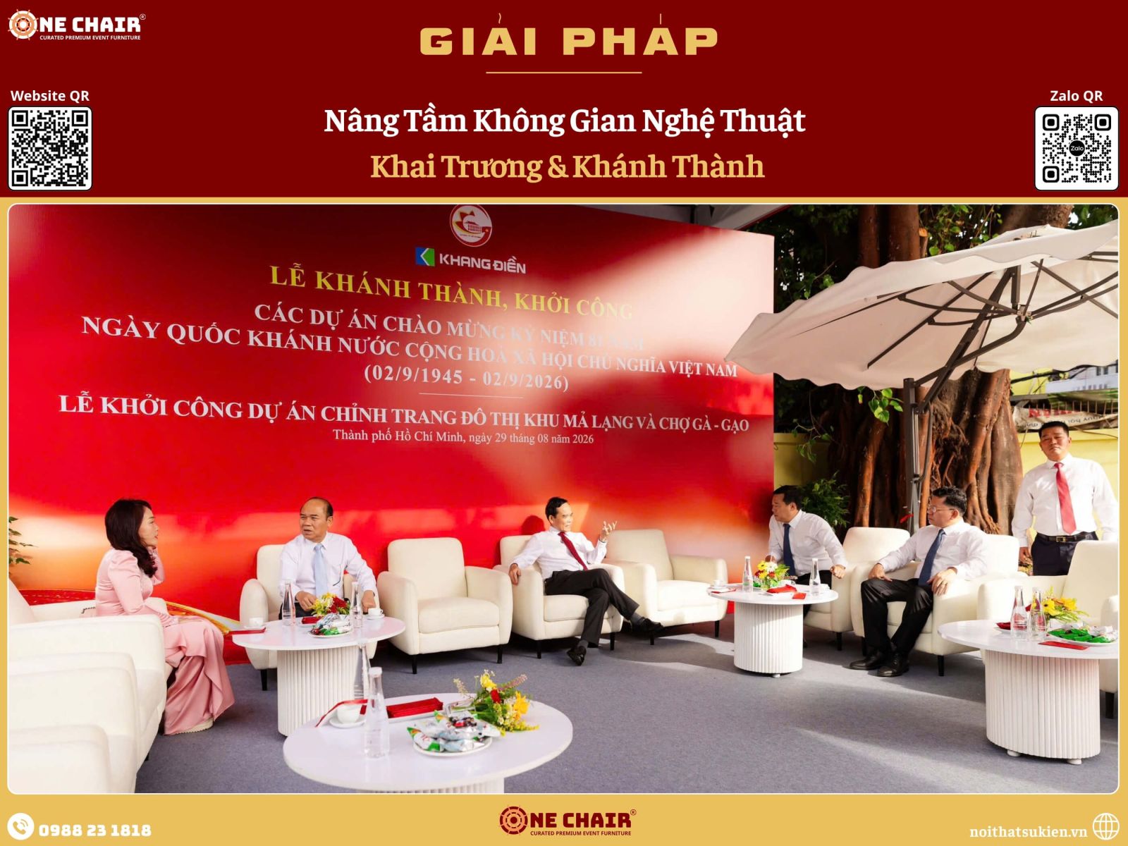 Khu tiếp đón và chờ giờ làm lễ khai trương với sofa lounge, ottoman và đôn