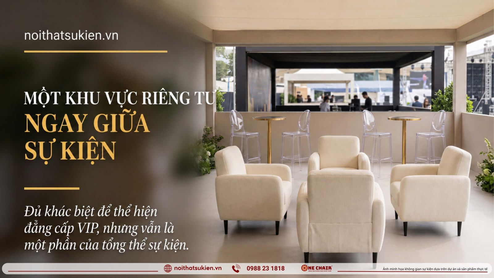 Khu VIP hospitality trong su kien lon cum sofa lounge ban cao dung va quay welcome
