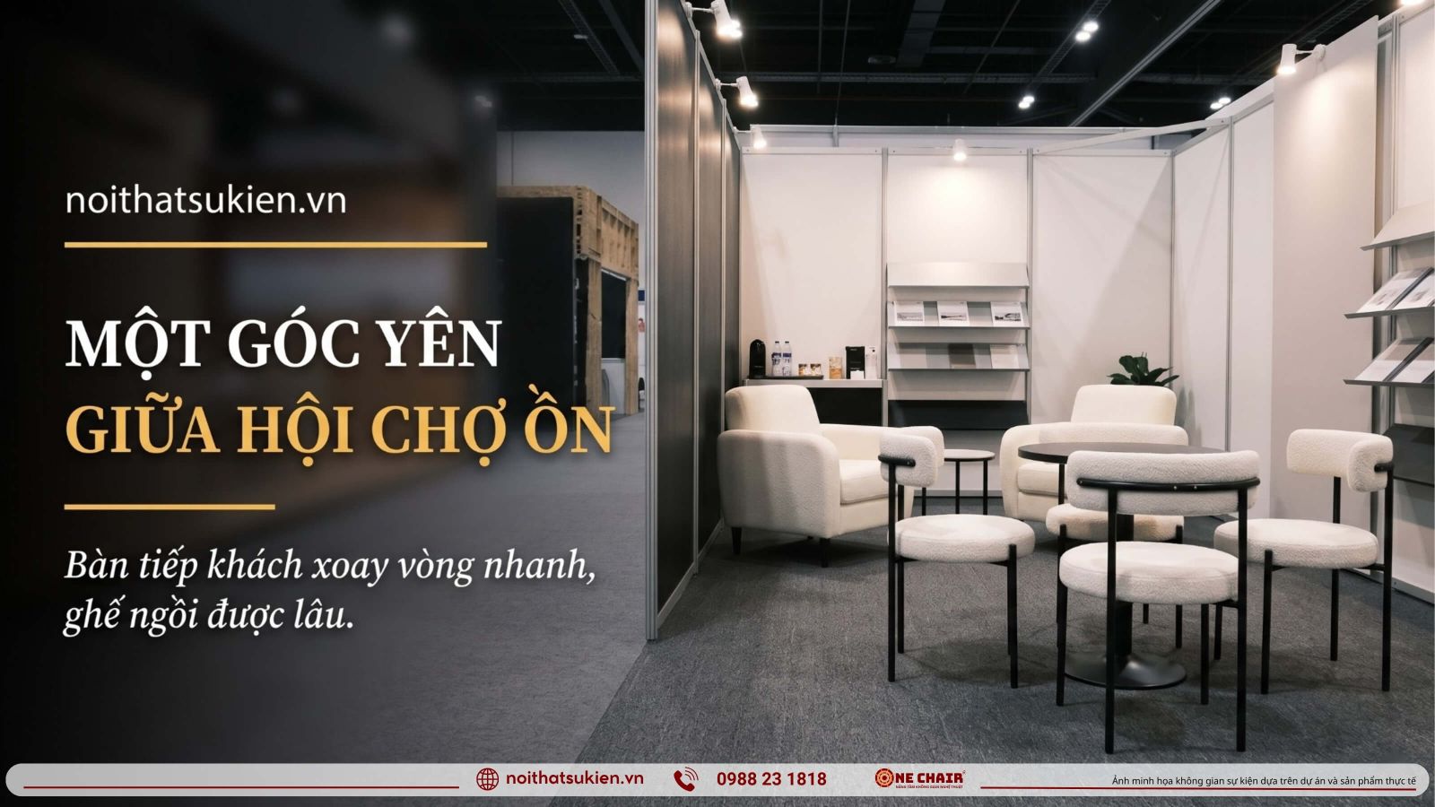 Business lounge trong trien lam ban tiep khach ghe boc nem va vach ngan nhe