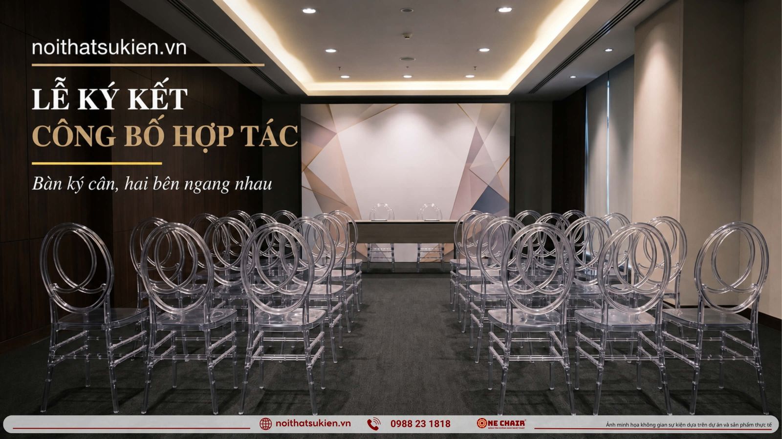 Khong gian le ky ket ban ky ket truoc backdrop va hai khoi ghe dai bieu hai ben