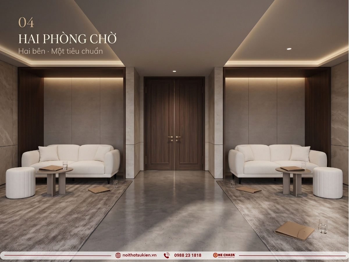 Hai phòng chờ giống hệt nhau cho hai bên trước lễ ký kết với sofa lounge và ottoman