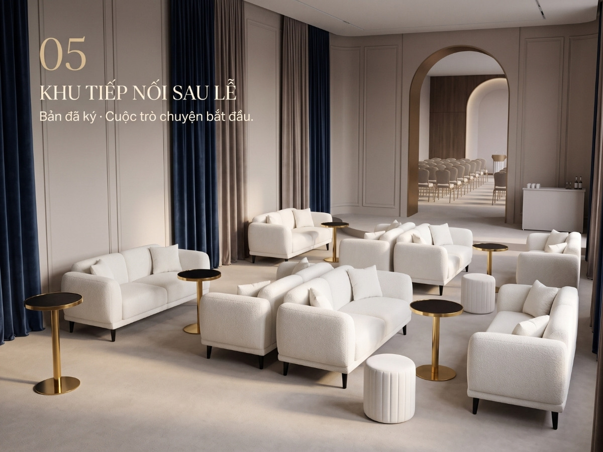 Khu tiếp nối và tiệc nhẹ sau lễ ký kết với sofa module, bàn cocktail, ghế bar và bàn bar cao
