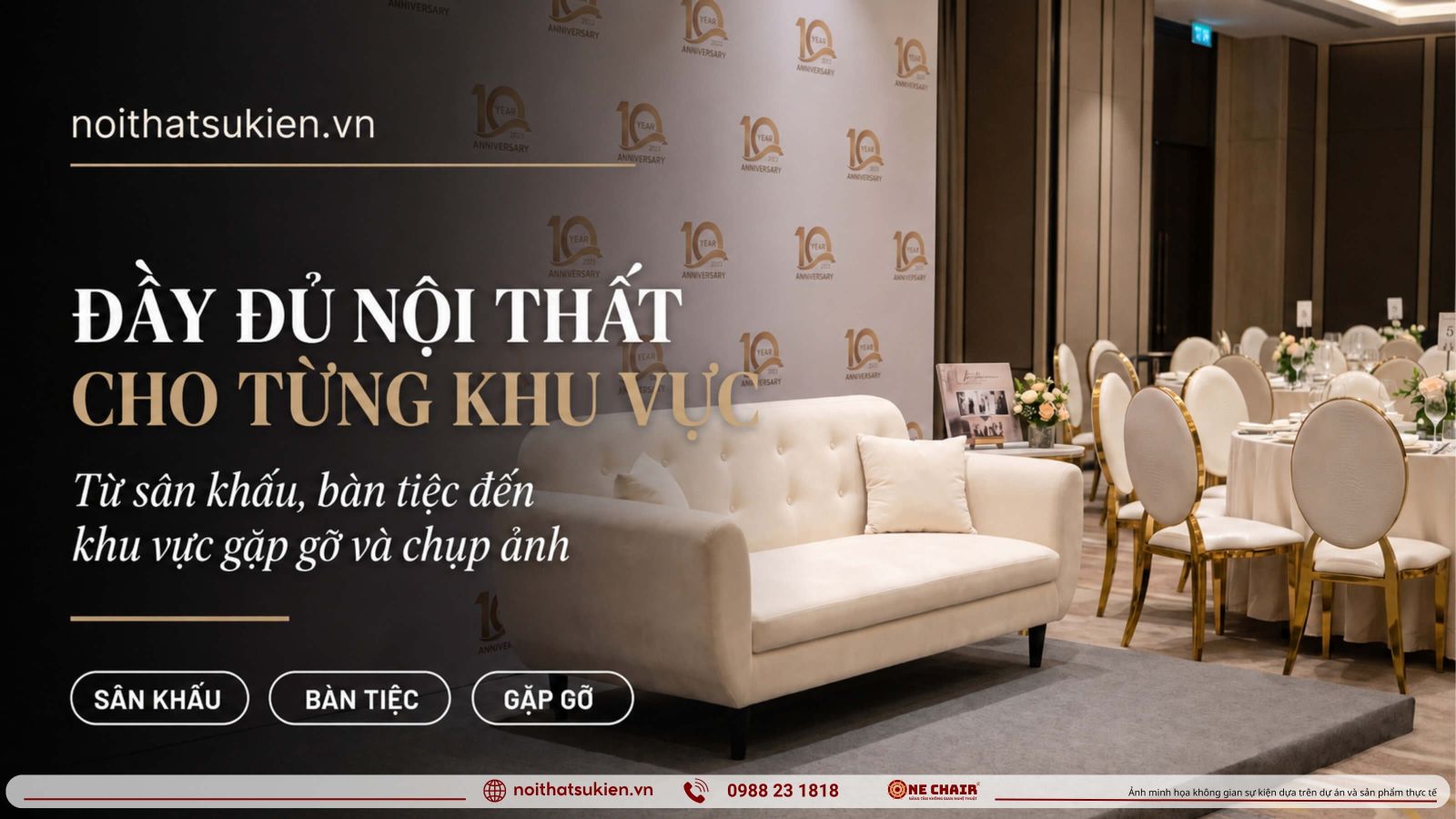 Cac khu vuc noi that le ky niem thanh lap tu san khau den khu trung bay va ban tiec