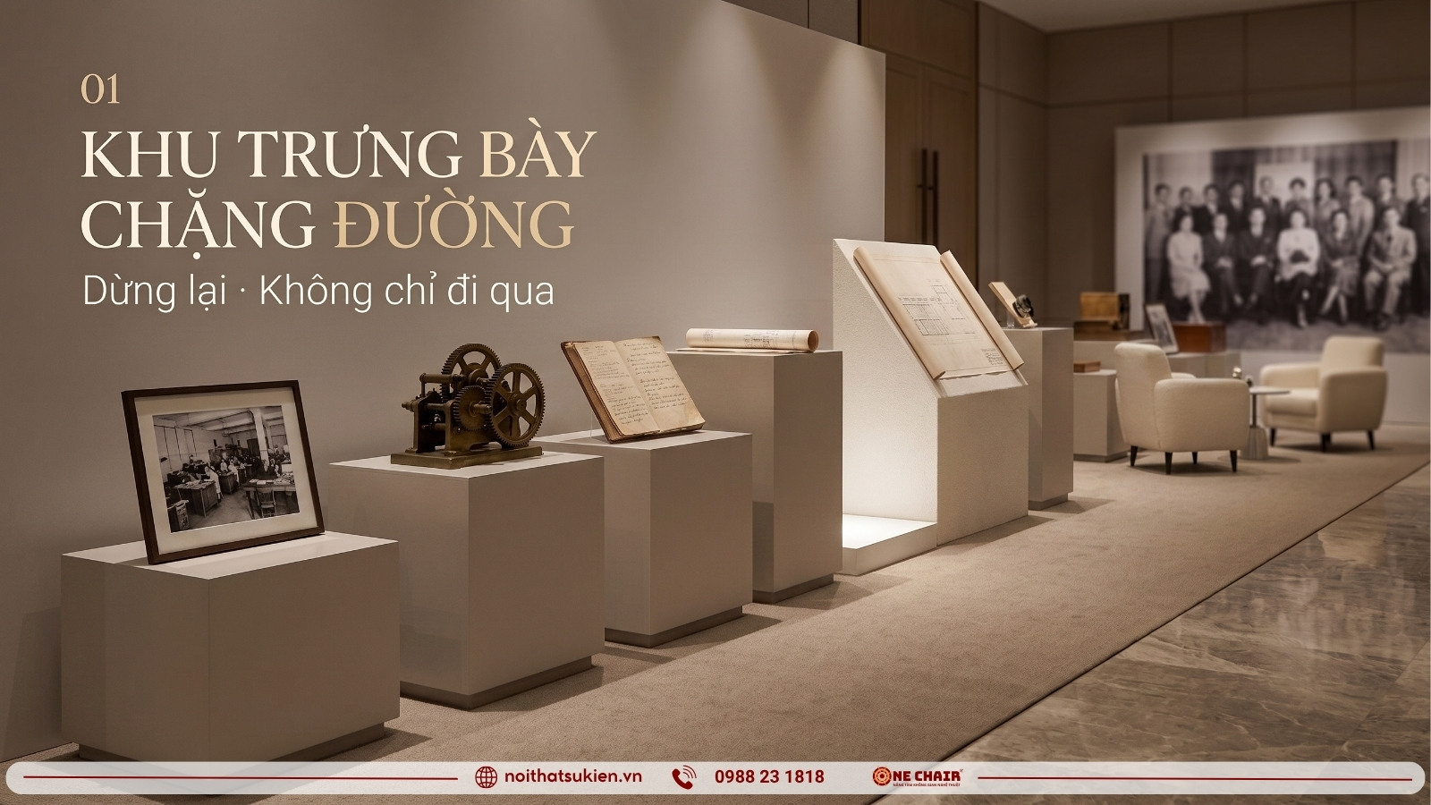 Khu trưng bày chặng đường với đôn nhiều cao độ dẫn mắt theo dòng thời gian
