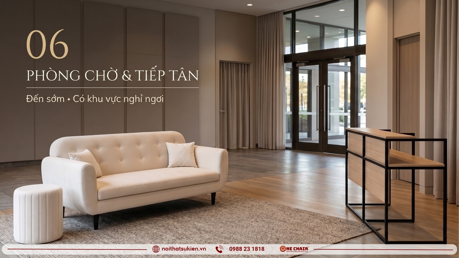 Khu chờ và tiếp đón gia đình lễ tốt nghiệp với sofa lounge, ottoman và bàn module