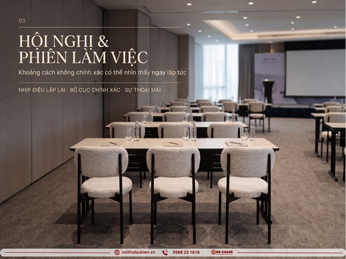 Phiên hội nghị đoàn quốc tế với ghế tiệc cao cấp cùng lô và bàn module theo layout quốc tế