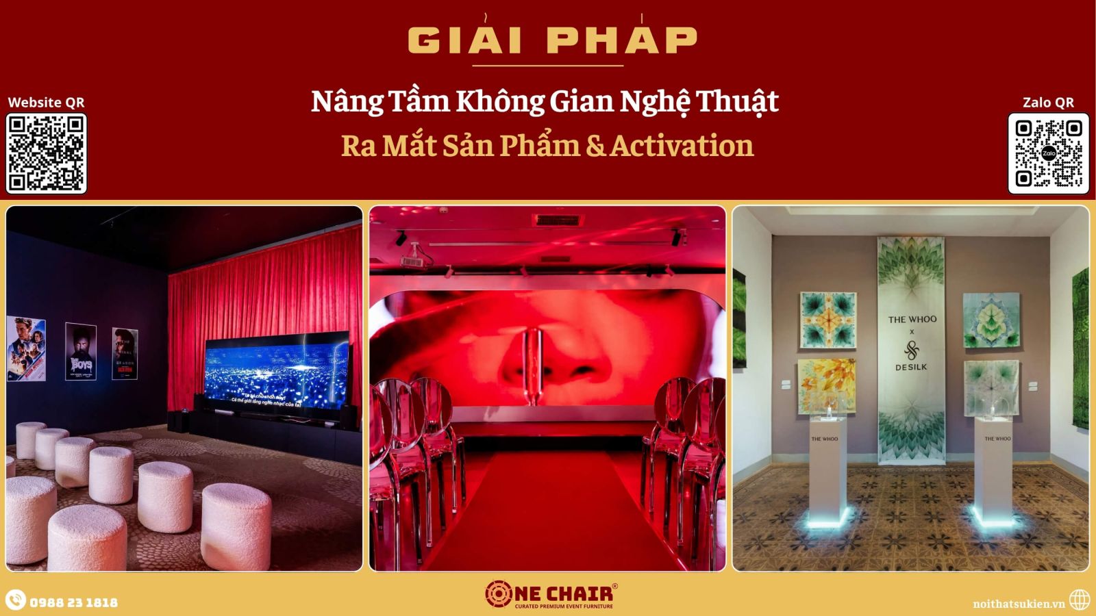 Khu trưng bày sản phẩm với đôn và bàn module làm nền, ống kính hướng vào sản phẩm