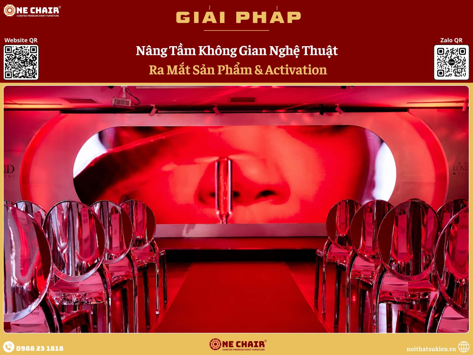 Sân khấu ra mắt và khu ghế press với ghế tiệc cao cấp và ghế danh dự ở hàng ghế đầu