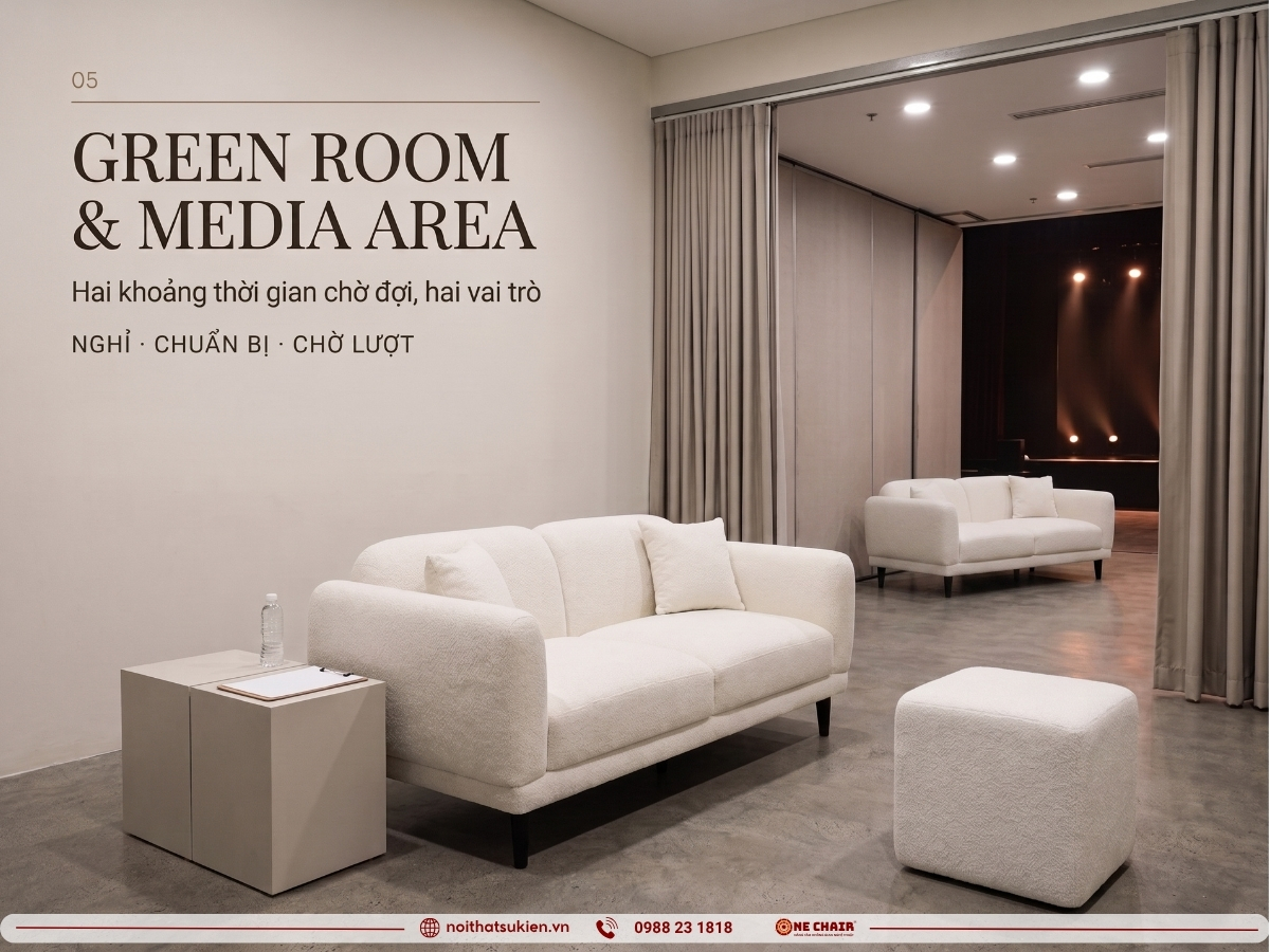 Green room nghệ sĩ và khu media với sofa lounge, bàn module và sofa module