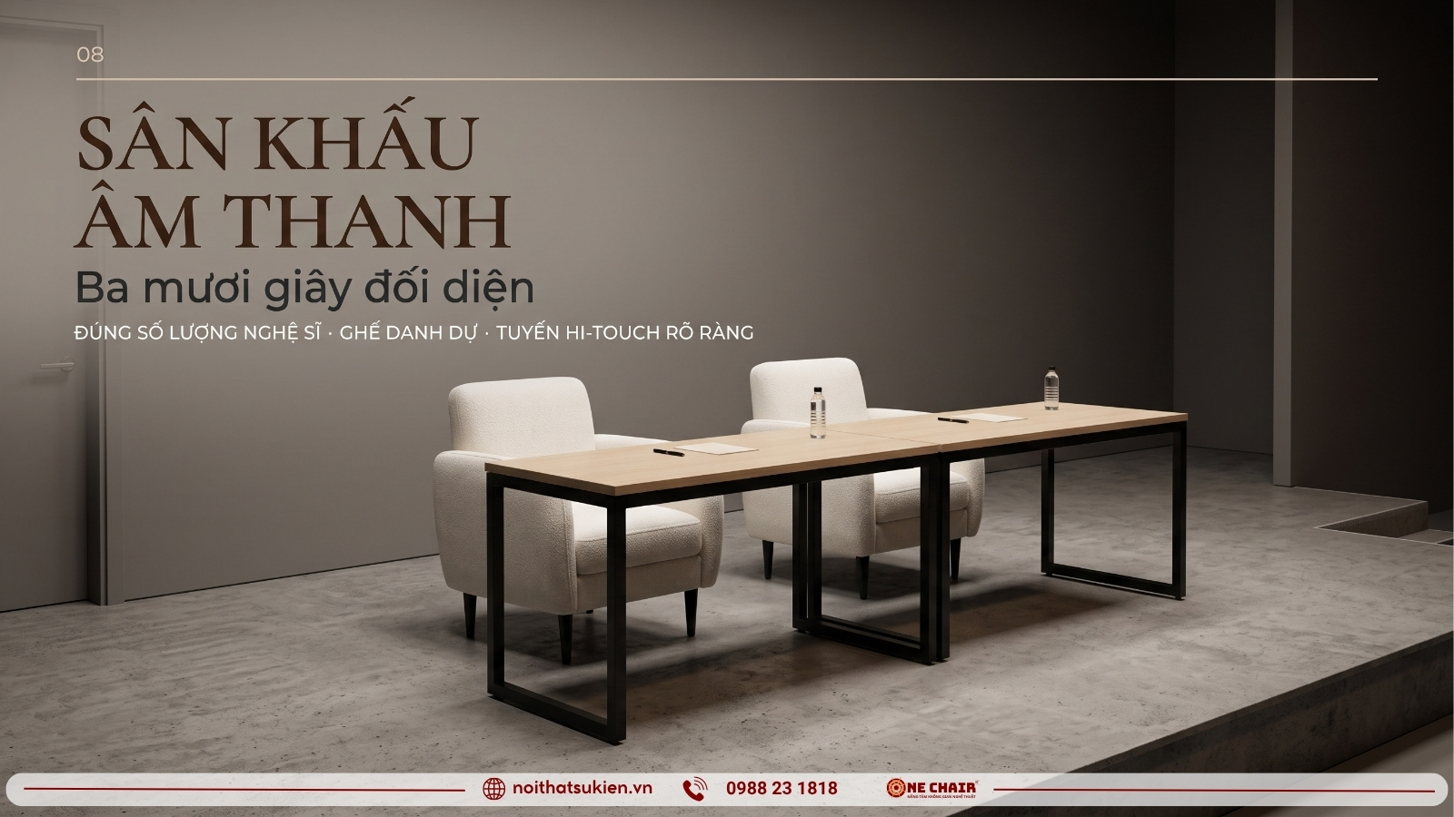 Sân khấu ký tặng với bàn module dựng theo số nghệ sĩ và ghế danh dự