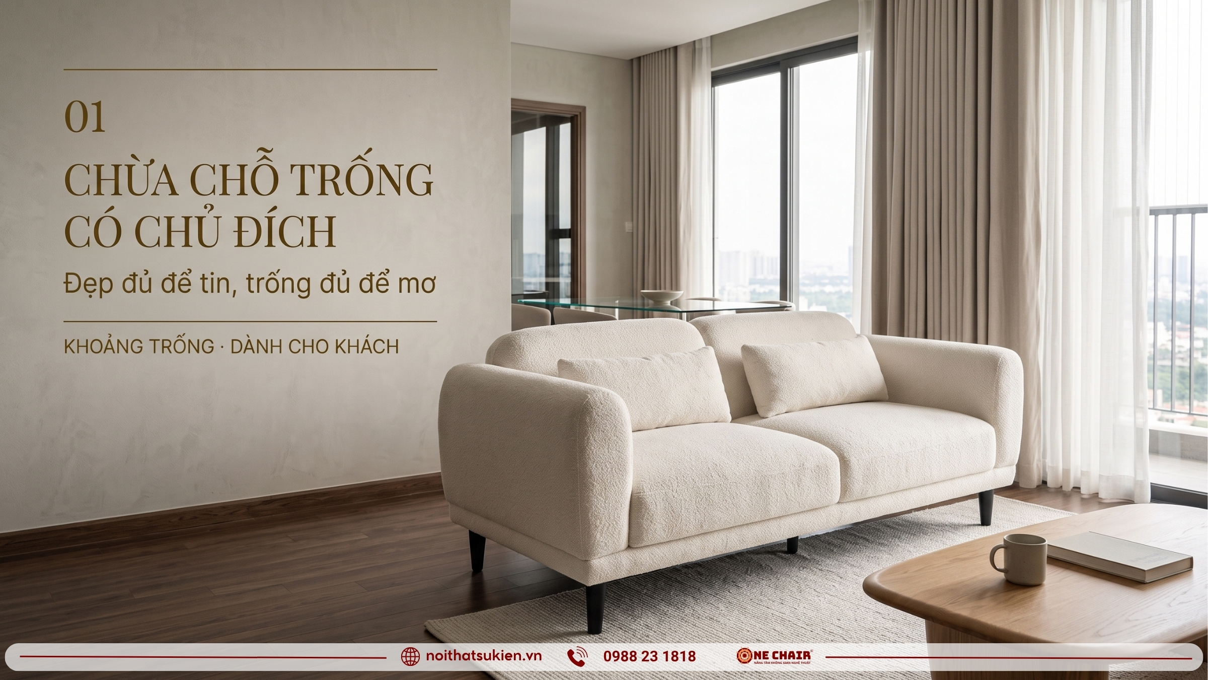 Phòng khách căn hộ mẫu được staging tiết chế, còn khoảng trống có chủ đích cho khách hình dung