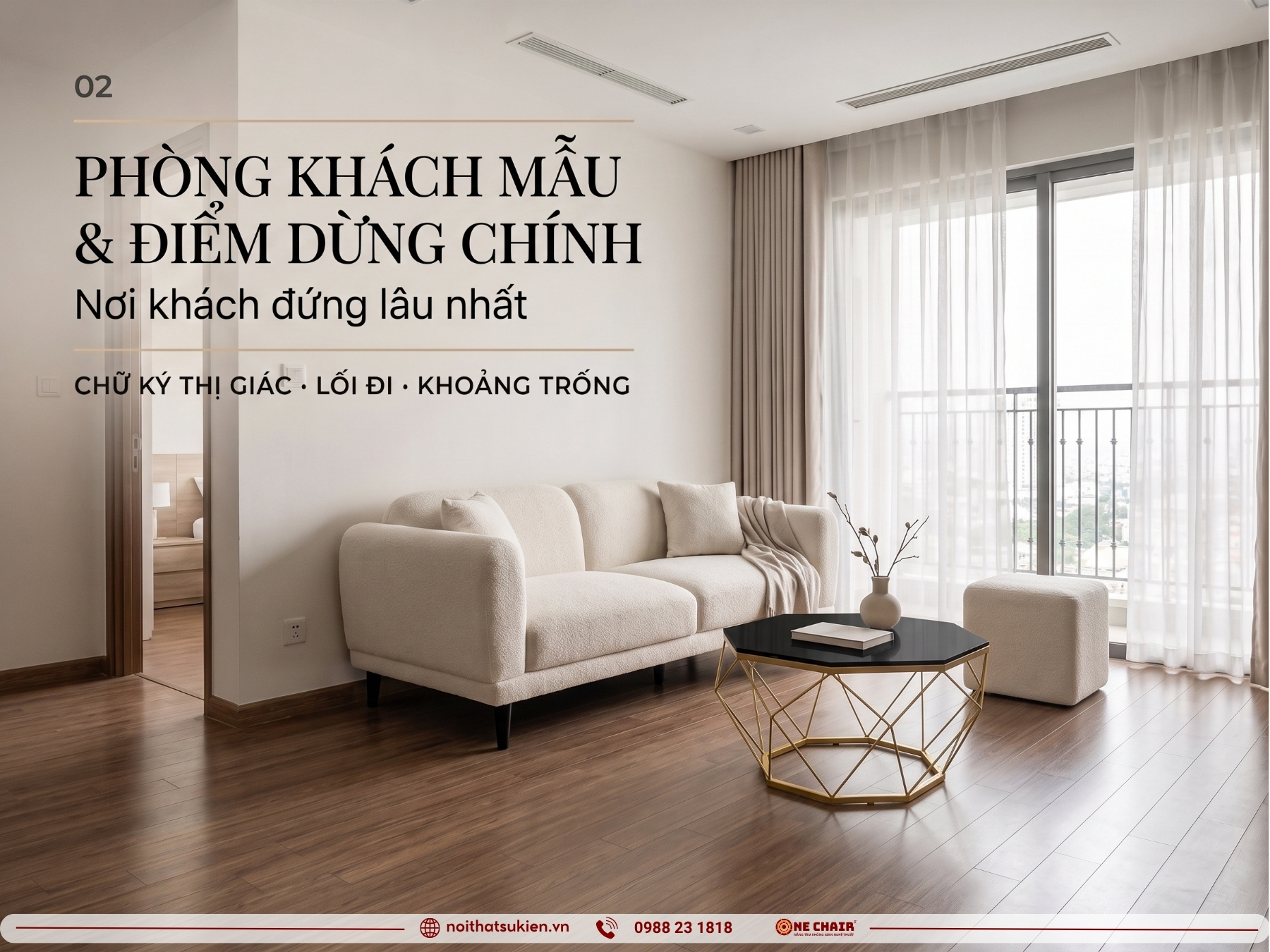 Phòng khách căn hộ mẫu với sofa module ghép theo hình dáng phòng, ottoman và bàn cocktail thấp