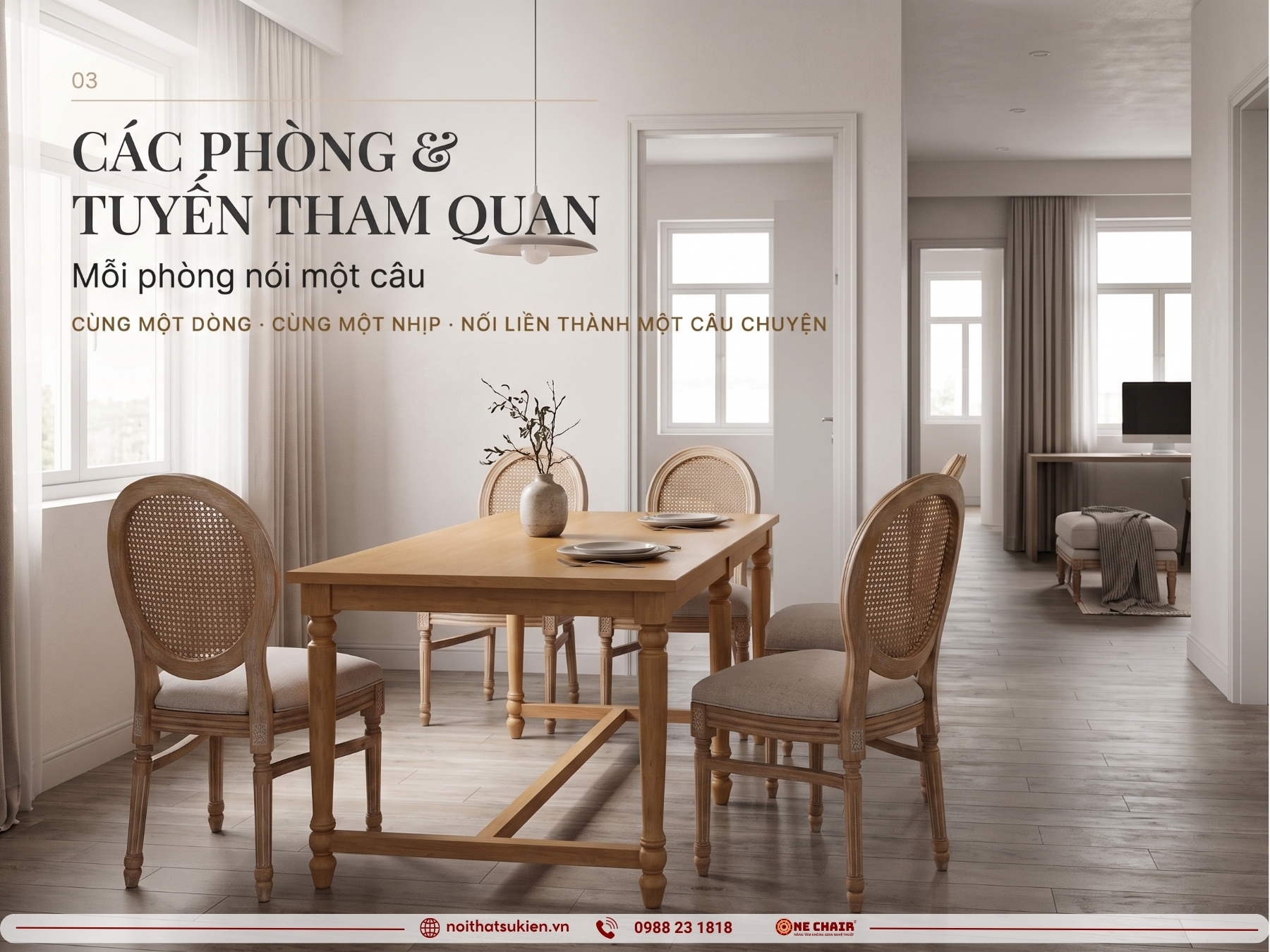 Phòng ăn mẫu và các phòng trên tuyến tham quan với bàn module, ghế tiệc cao cấp và đôn