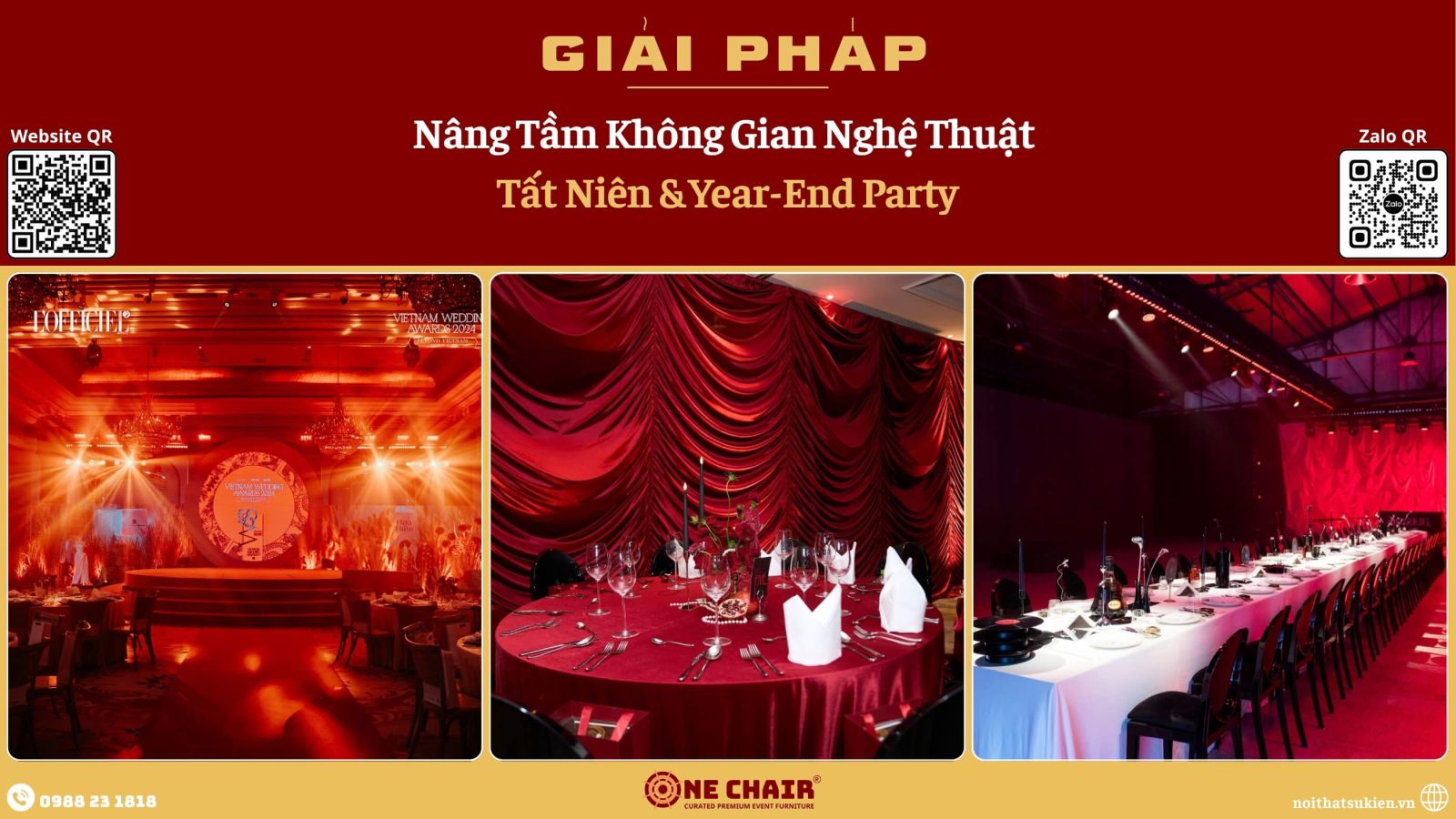 Bàn tiệc tròn và khu đứng với bàn cocktail trong cùng một sảnh tất niên