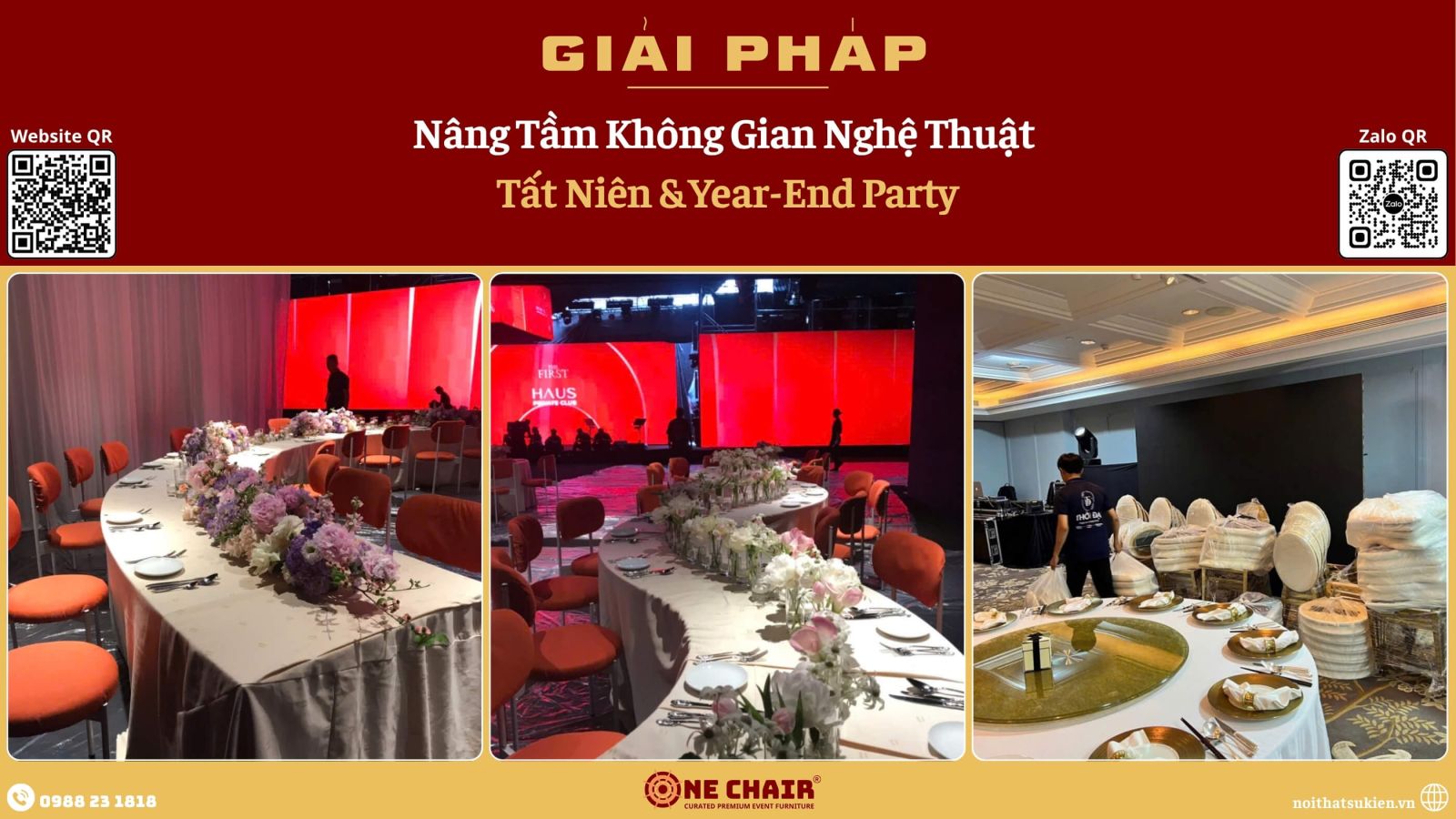 Khu đứng và khu chụp ảnh tất niên với bàn cocktail và ottoman
