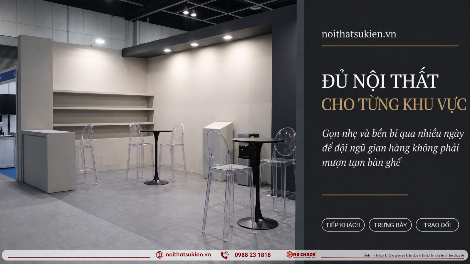 Cac khu vuc noi that gian hang trien lam tu quay tiep khach den khu demo