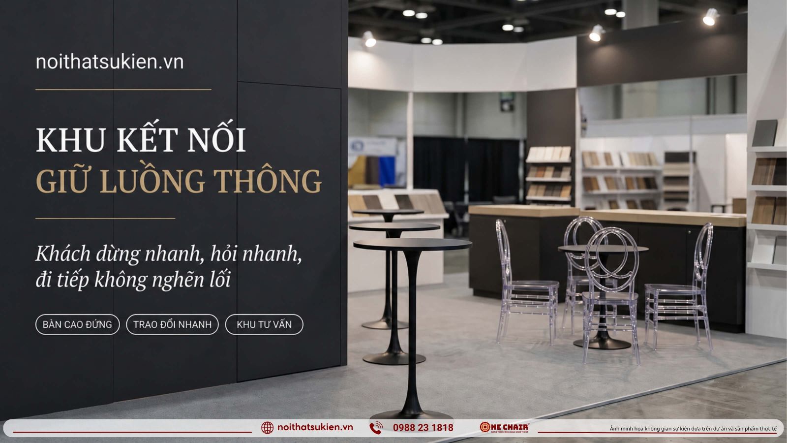 Quay trung bay phia truoc ban cao dung va khu tu van trong gian hoi cho tieu dung