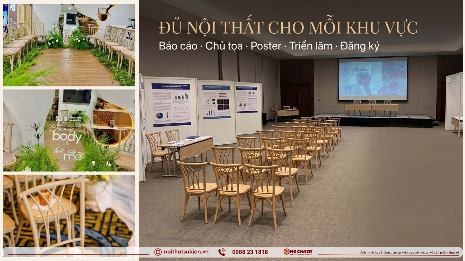 Cac khu vuc noi that hoi nghi y khoa tu ghe bao cao ban chu toa den khu poster va gian trung bay