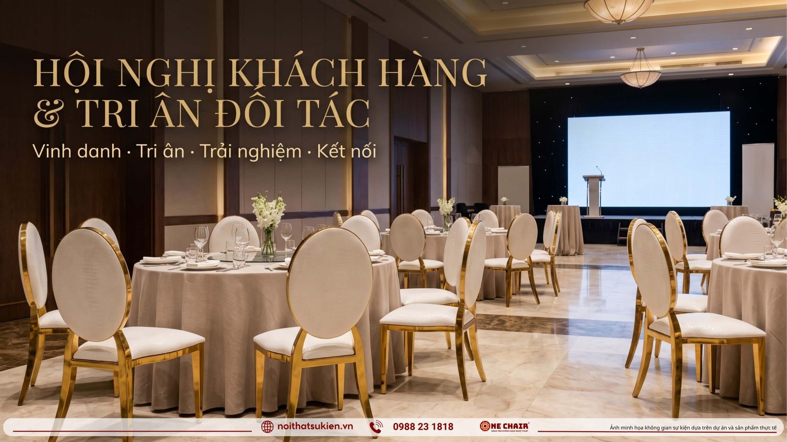 Khong gian hoi nghi khach hang bo tri san khau vinh danh ban tiec tri an va khu trai nghiem