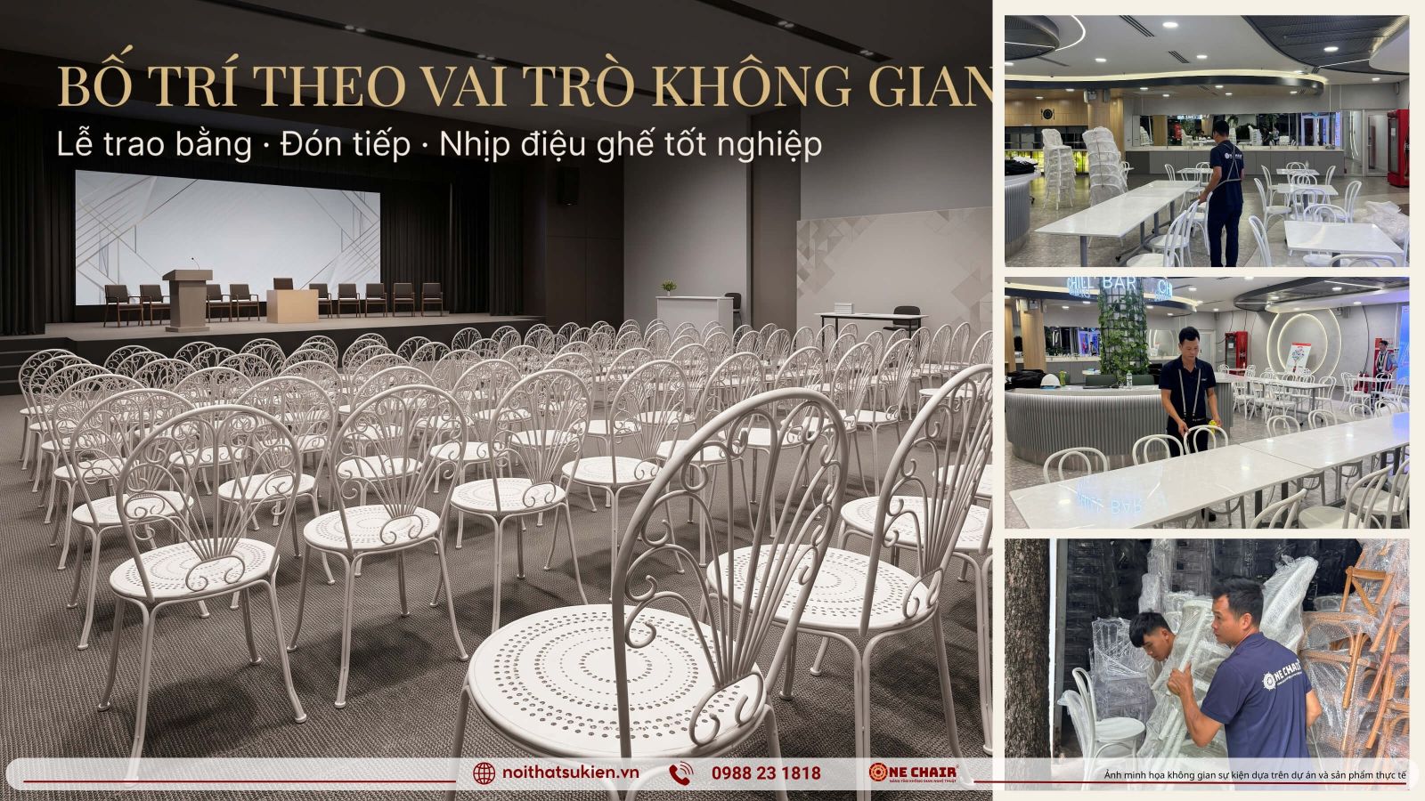 San khau trao bang khu don tiep va hang ghe tan cu nhan the hien ba vai tro khong gian le tot nghiep